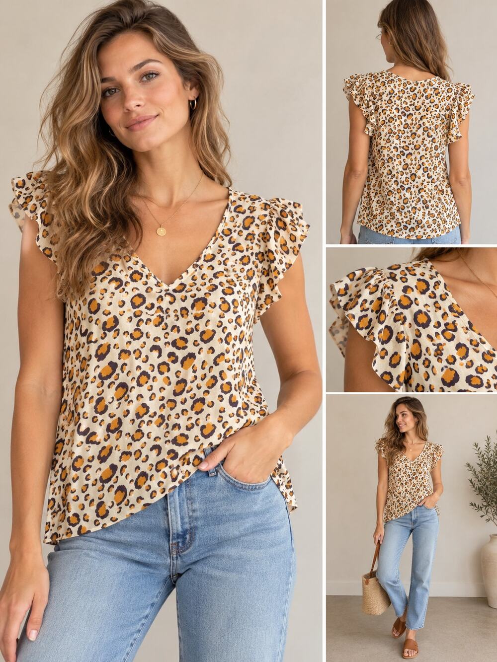 Maeve Anthropologie Leopard Print Top Womens XS Flutter Sleeve V Neck Blouse